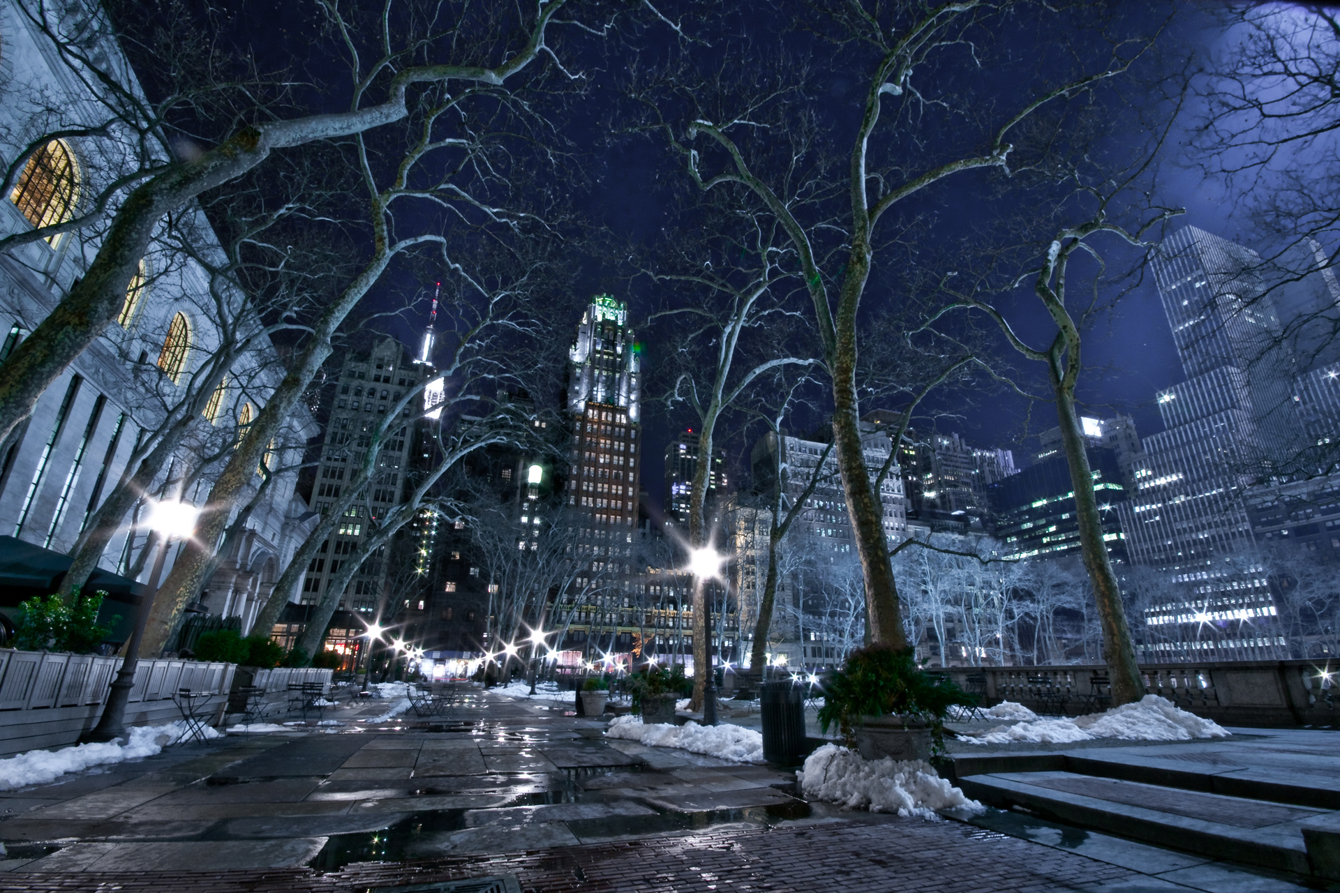 Download wallpaper 1920x1080 trees, park, winter, ornament, decor, street, night